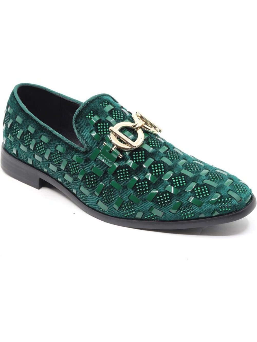 Metrocharm Men's Green Velvet Woven Pattern Loafers Gold Buckle Luxury Shoes